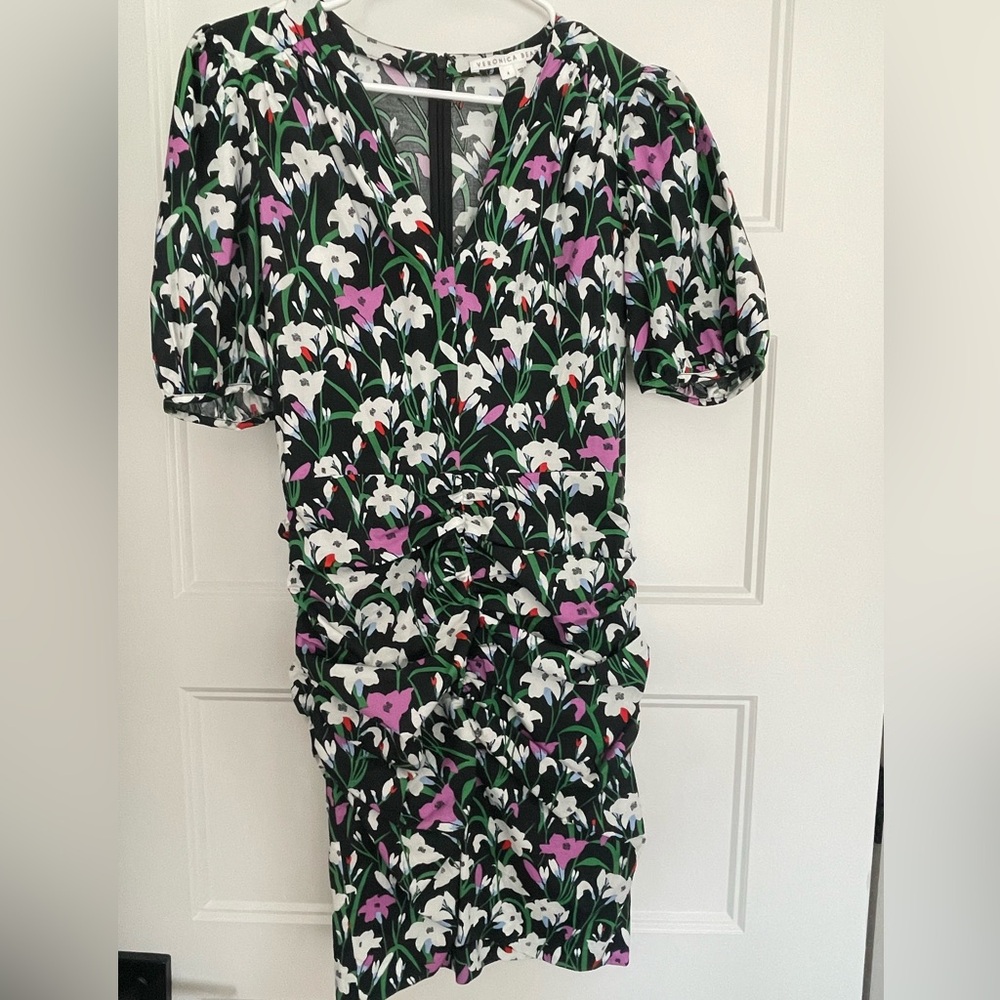 Veronica Beard Black Floral Midi Dress with White and Pink Blossoms